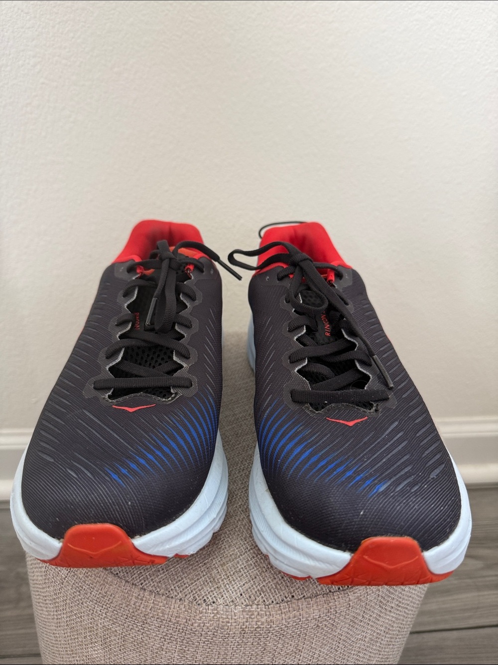 Hoka Black Sneakers with Red Interior and Blue Logo